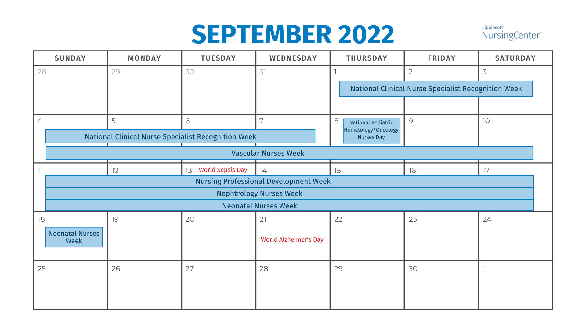 September Nursing Calendar